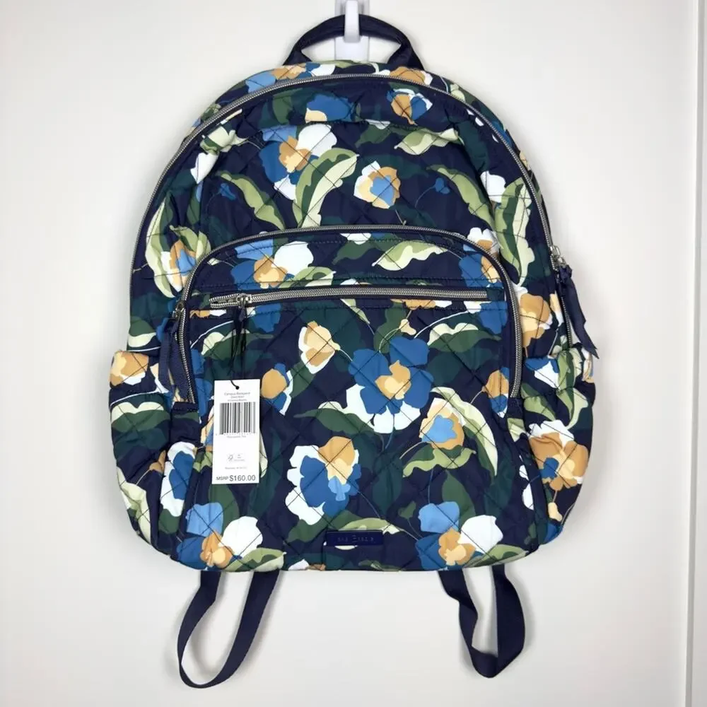 Vera Bradley Campus Backpack In Immersed Blooms Performance Twill Blue Green NWT